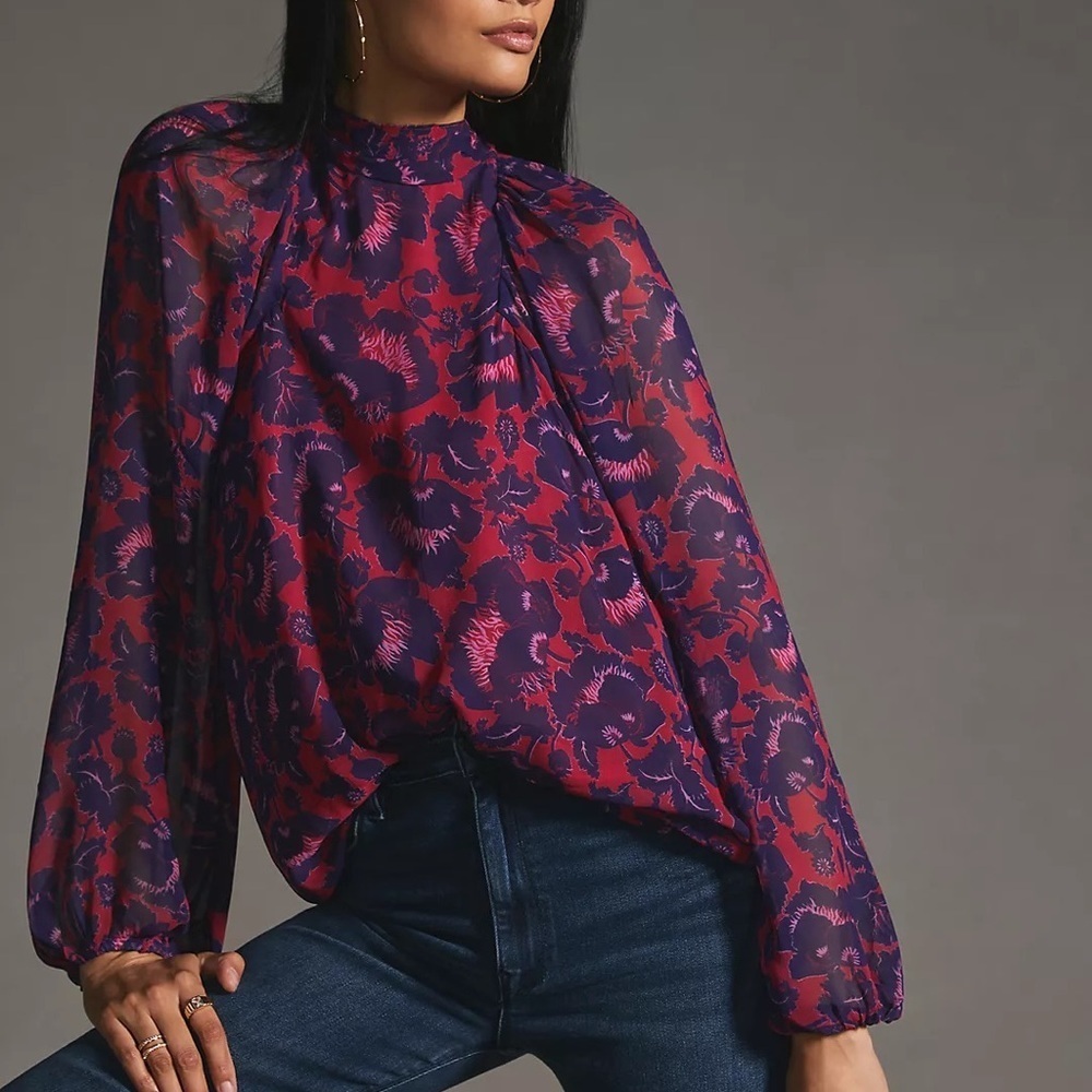 Anthropologie Maeve Red Purple Sheer Floral Open Back Blouse Top Size XXS NWT